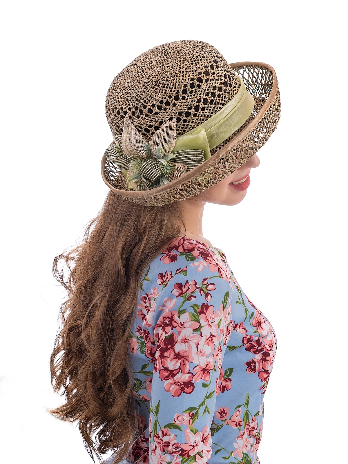 Соломенная шляпка № 12  с ажурным плетением по тулии и полю--10