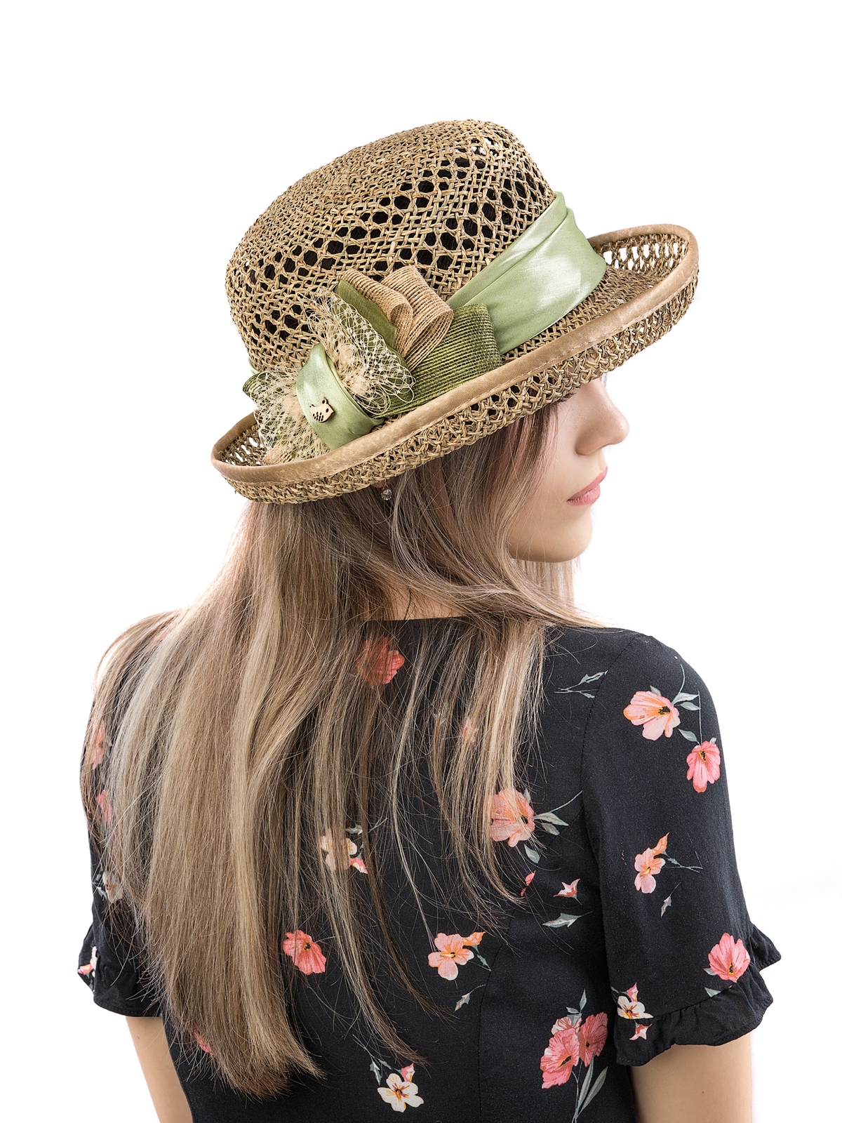 Соломенная шляпка № 14  с ажурным плетением по тулии и полю--18