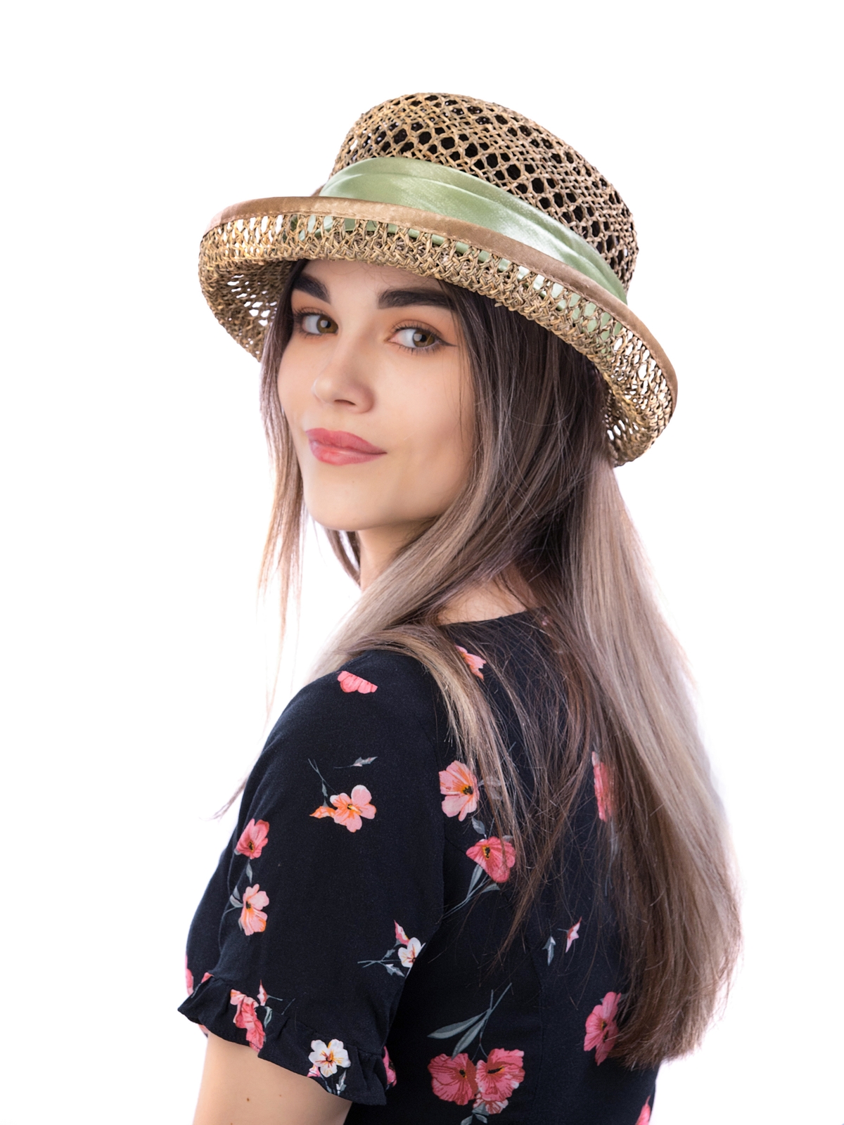 Соломенная шляпка № 14  с ажурным плетением по тулии и полю--11