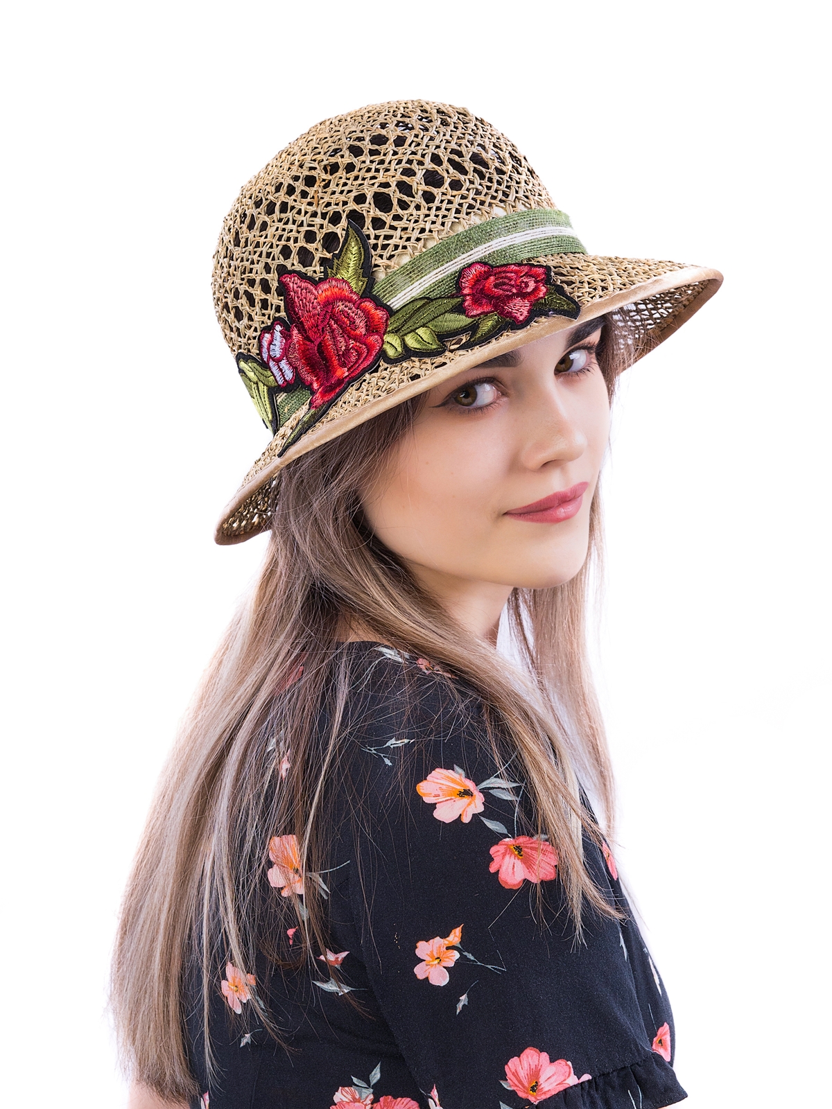 Соломенная шляпка № 19  с ажурным плетением по тулии и полю--4