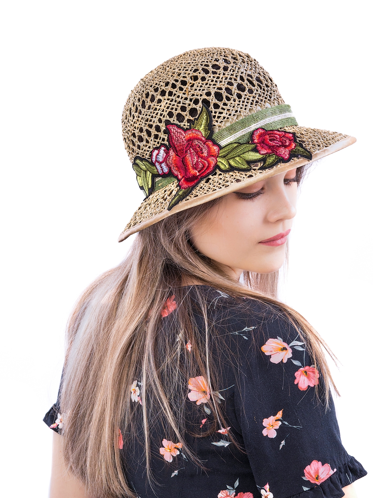 Соломенная шляпка № 19  с ажурным плетением по тулии и полю--5