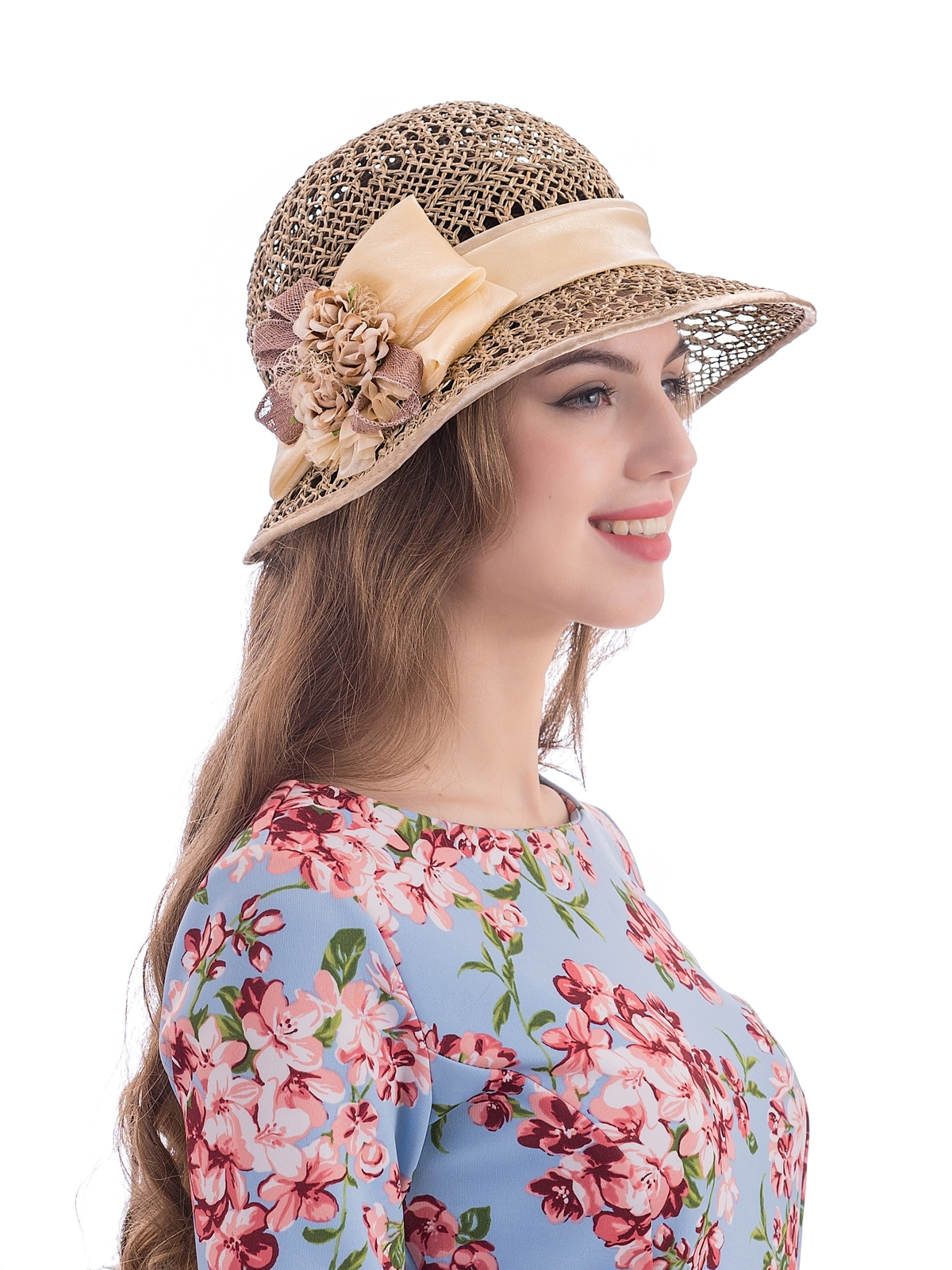 Соломенная шляпка № 19  с ажурным плетением по тулии и полю--9