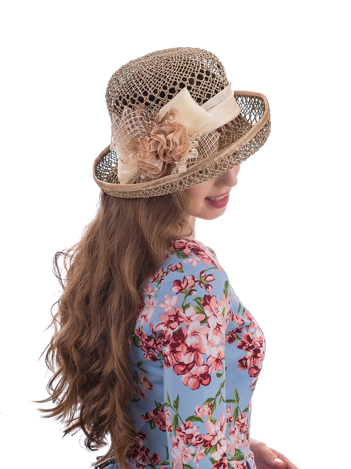 Соломенная шляпка № 22  с ажурным плетением по тулии и полю--13