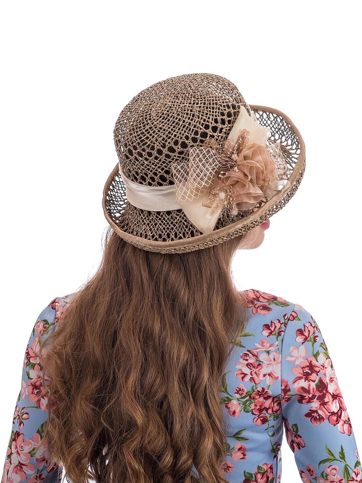 Соломенная шляпка № 22  с ажурным плетением по тулии и полю--15