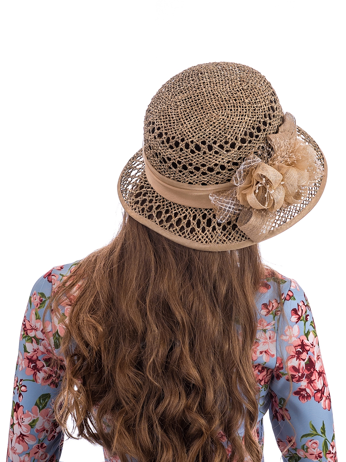 Соломенная шляпка № 26  с ажурным плетением по тулии и полю--12