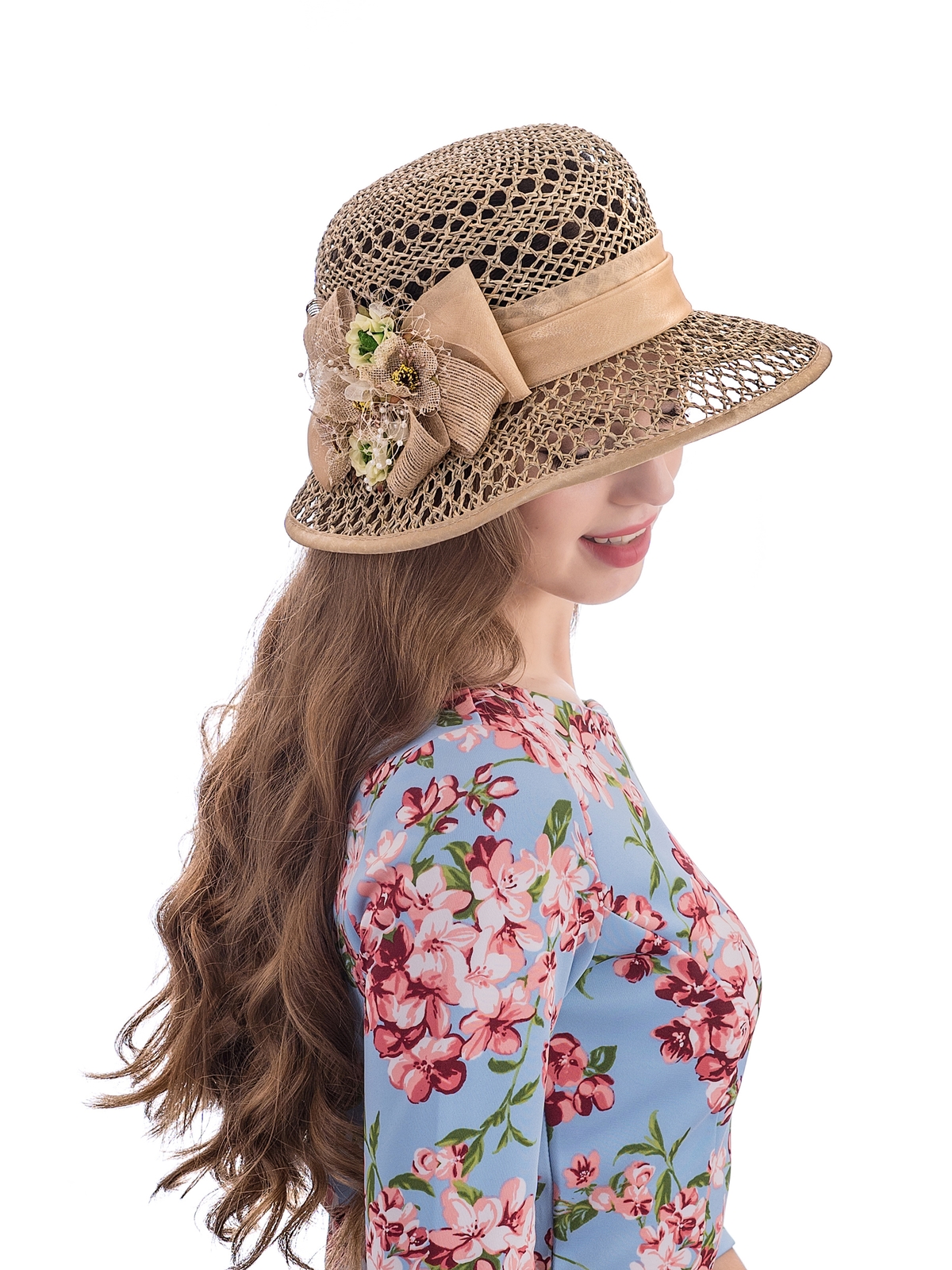 Соломенная шляпка № 39 ажурным плетением по тулии и полю--6