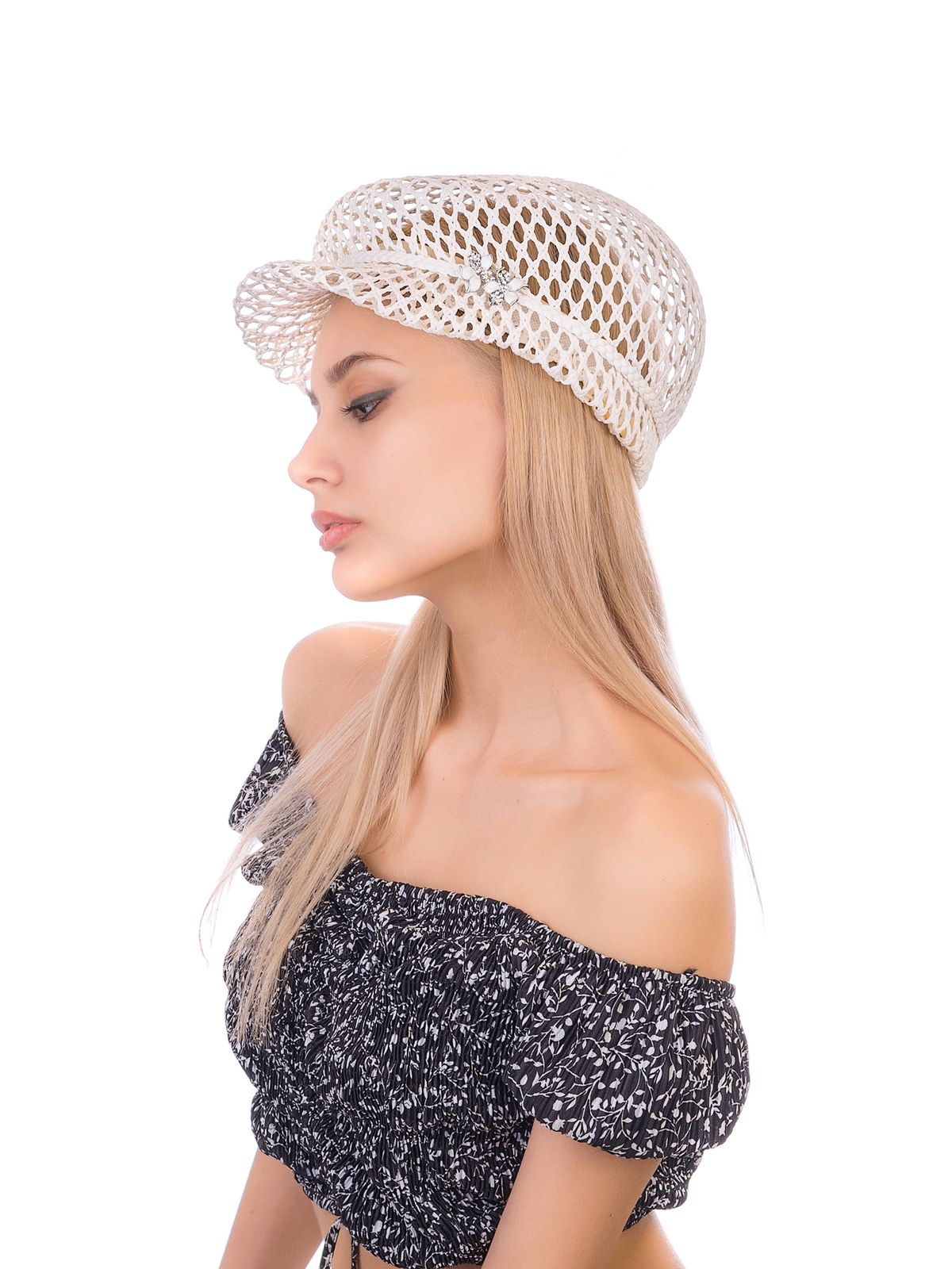 Соломенная  кепка № 403 белый ажур--7