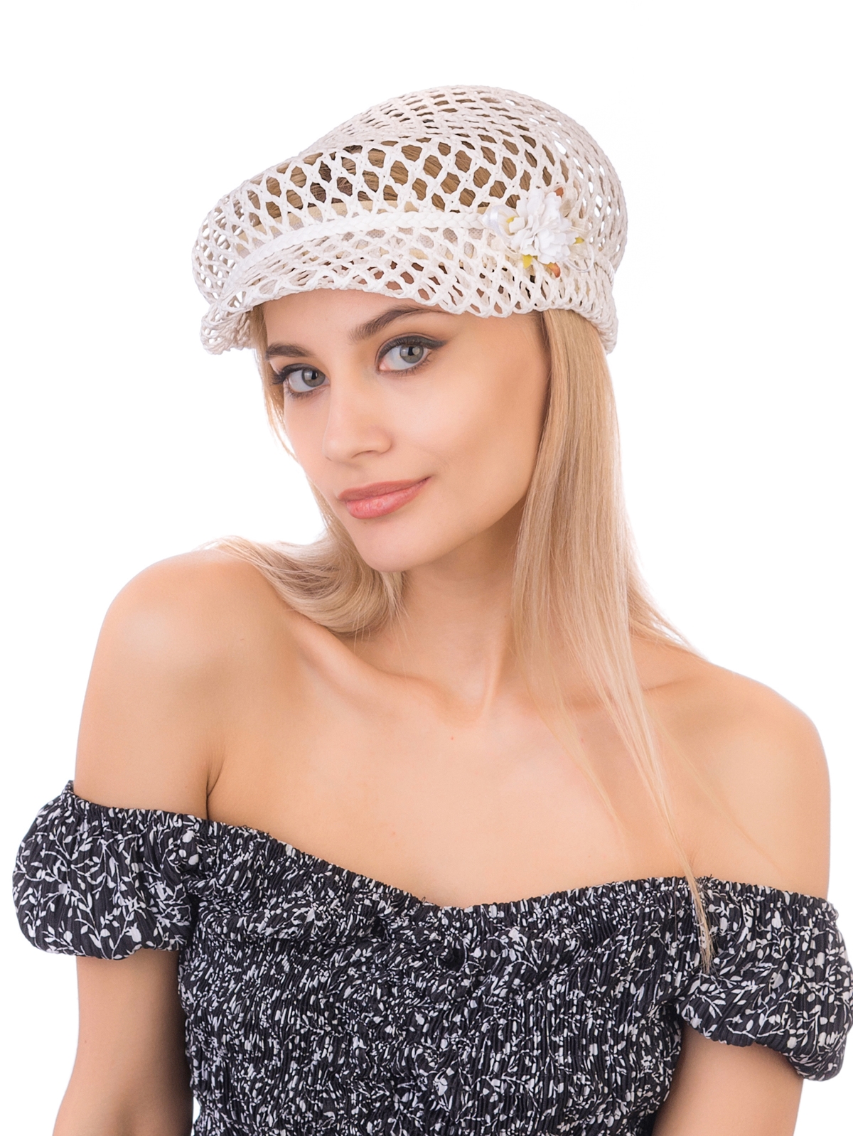 Соломенная  кепка № 403 белый ажур