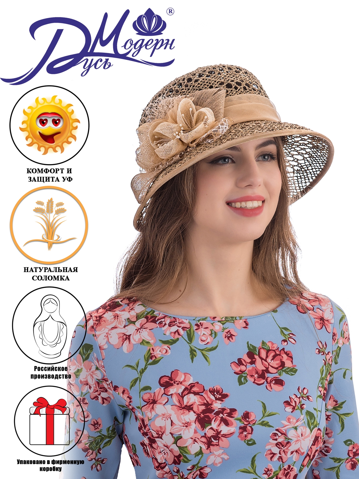 Соломенная шляпка № 26 с ажурным плетением по тулии и полю--9