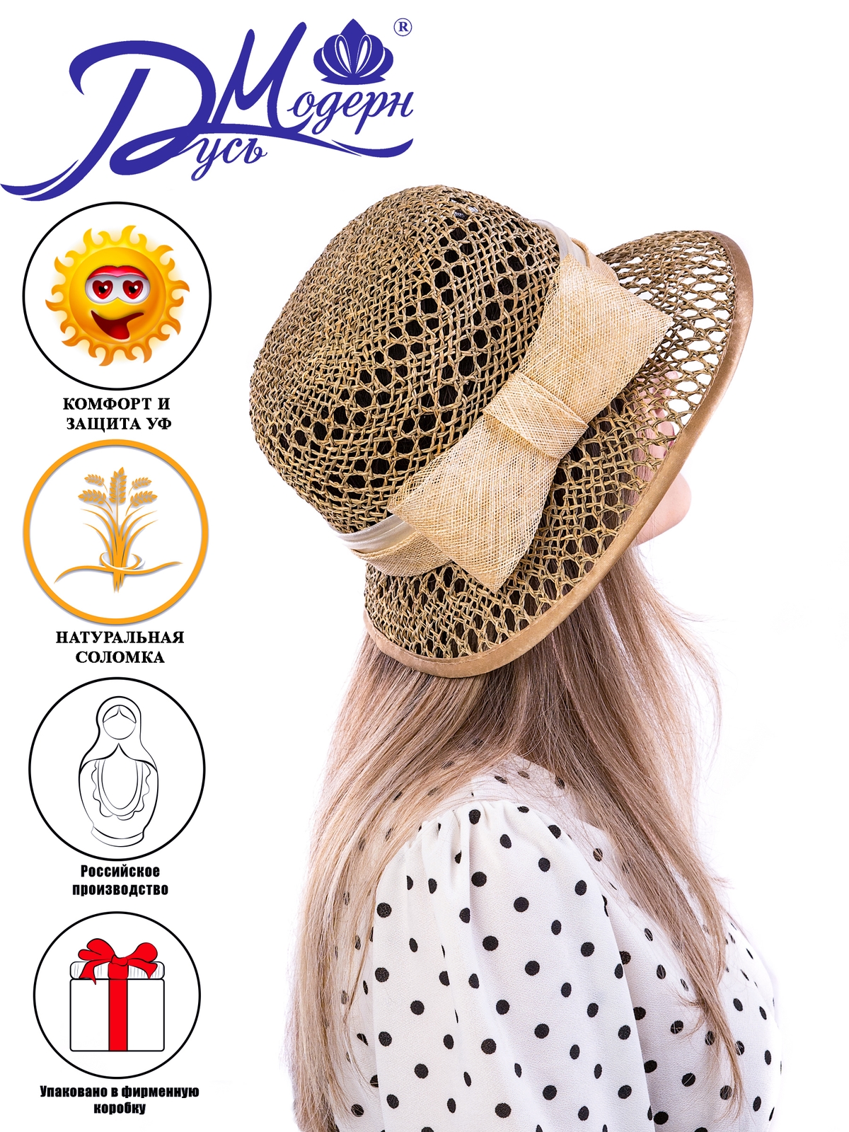 Соломенная шляпка № 26 с ажурным плетением по тулии и полю--10